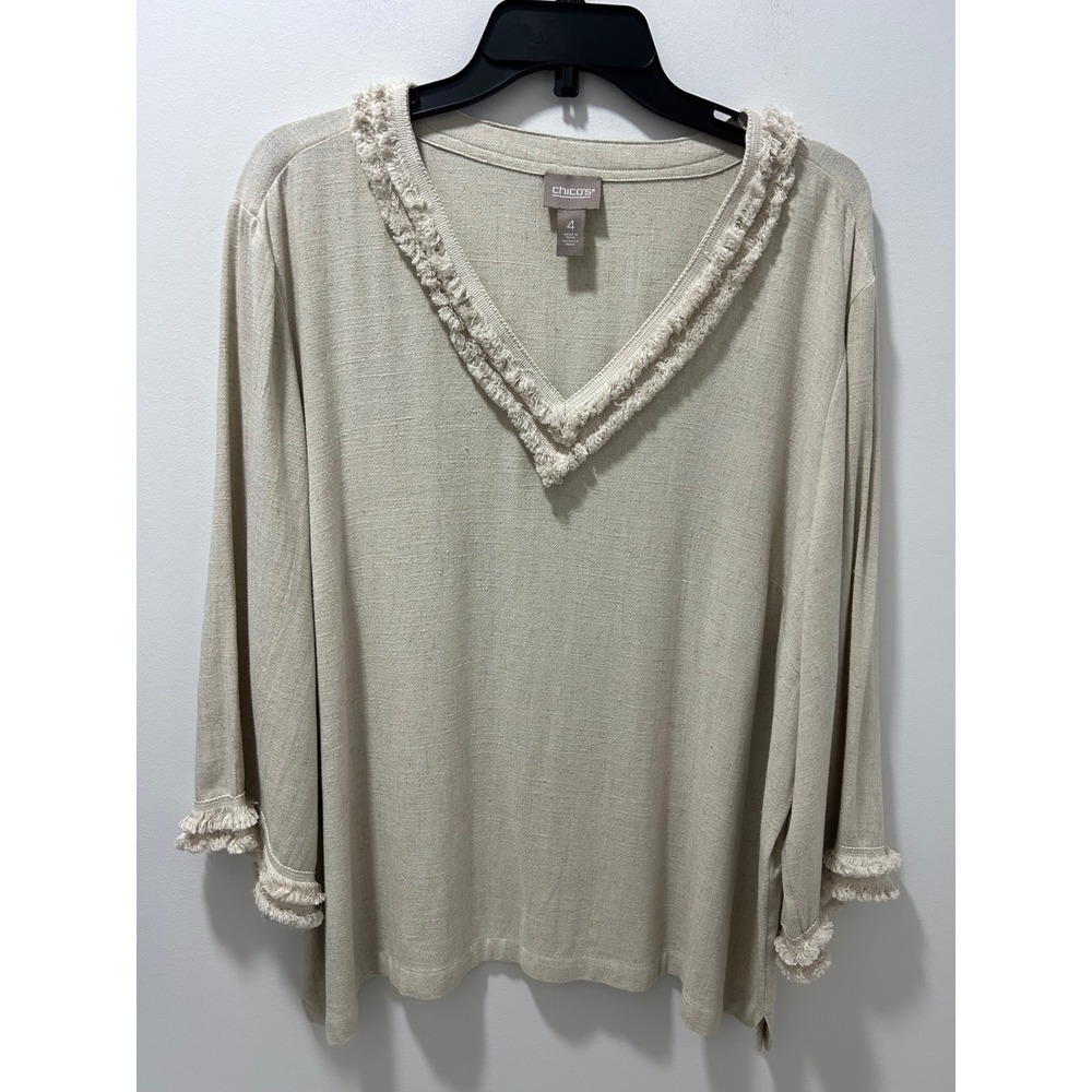 Chicos Beige Linen Blend Fringe V-Neck 3/4 Sleeve Top Size 4 XL Oatmeal Boho
